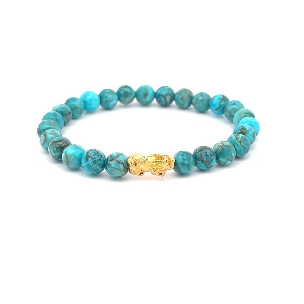 18K Gold Pixiu Piyao Bracelet Natural Gemstones Turquoise 6mm Elastic Bracelet